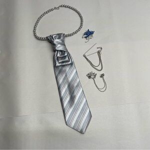 Hand Crafted Silver Striped Women's Neck Tie with Subtle Pink Accents